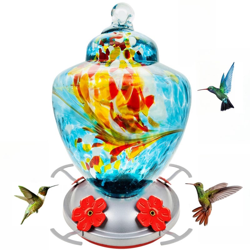 REZIPO Hummingbird Feeder with Perch - Hand Blown Glass - Blue - 38 Fluid Ounces Hummingbird Nectar Capacity Include Hanging Wires and Moat Hook - Image 1